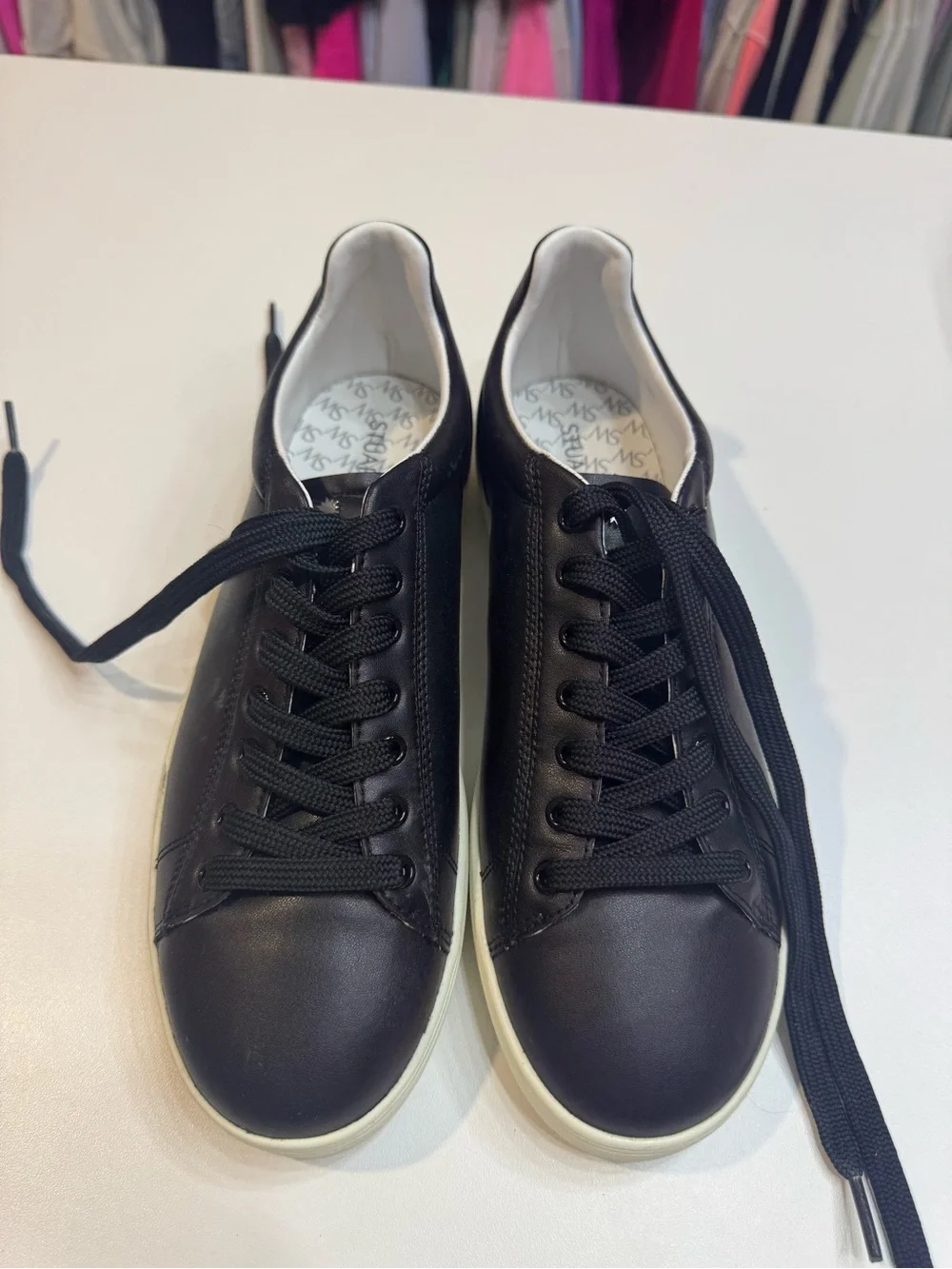 Stuart Weitzman Black Leather Low-Top Sneakers with White Sole